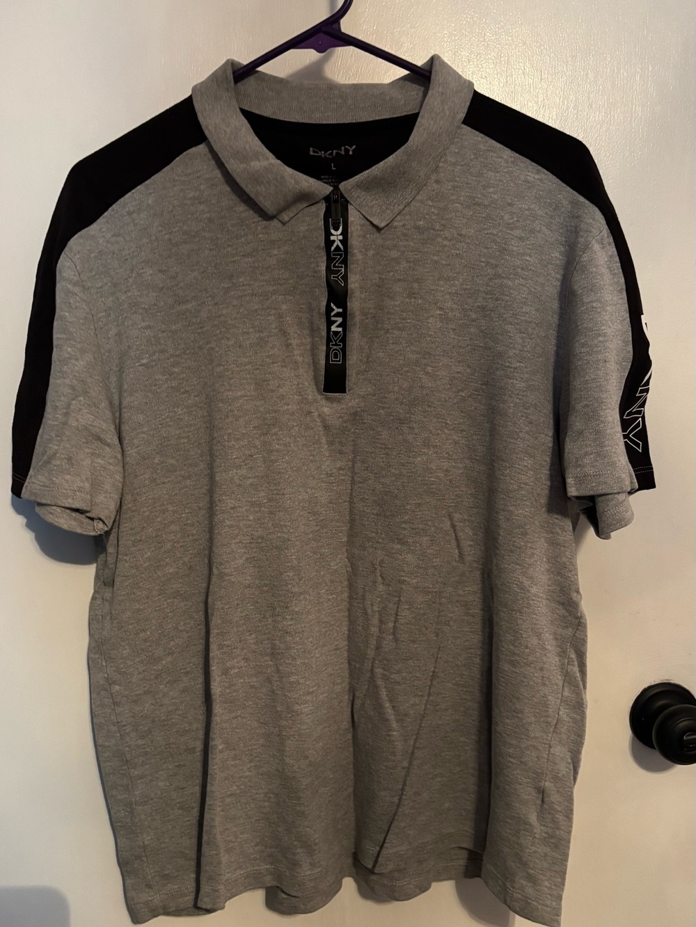 DKNY Men’s Gray Polo with Black Shoulder Panels and Branded Zip Placket
